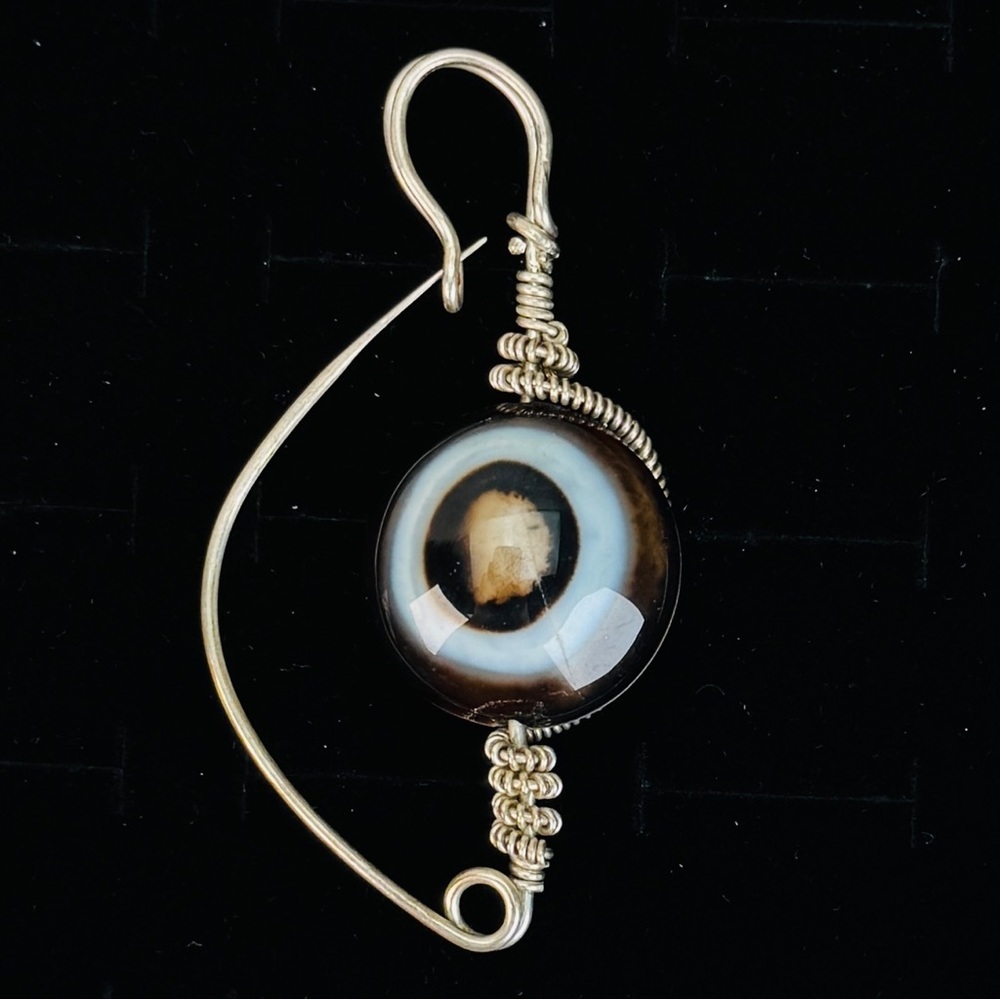 Handmade Black and Cream Glass Eye Pendant Wire-Wrapped